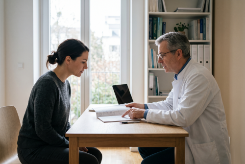 A patient and a clinician at a desk covered with documents, going through a treatment plan together