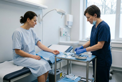 A patient in a hospital gown seated on an examination couch while a nurse prepares instruments on a tray