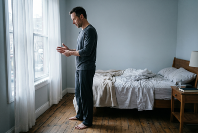 A person in pyjamas standing barefoot at a bedroom window in the morning, slowly flexing their hands